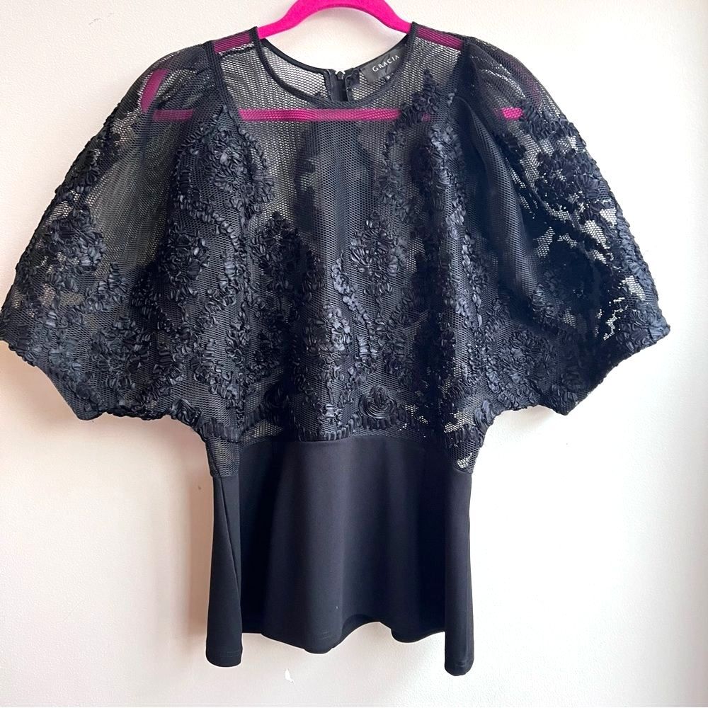 Gracia Black Sheer Lace Peplum Top XL Balloon Sleeve Romantic Gothic Blouse Chic